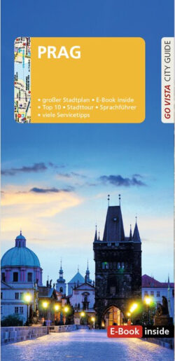 Prag Reiseführer mit großem Stadtplan, E-Book-Option, Top 10 Sehenswürdigkeiten, Stadtführung und zahlreichen Servicetipps, vor einer malerischen Abendkulisse der Stadt.
