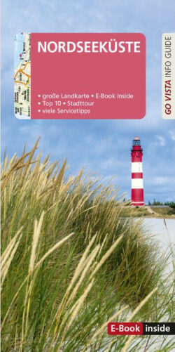 Nordseeküste Reiseführer mit großer Landkarte, E-Book und Tipps für die Top 10 Sehenswürdigkeiten sowie Stadtführungen, abgebildet mit einem rot-weißen Leuchtturm und grünem Strandgras.
