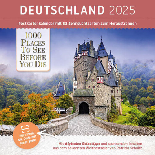 Postkartenkalender Deutschland 2025 mit Schlossansicht und QR-Code für digitale Reisetipps.