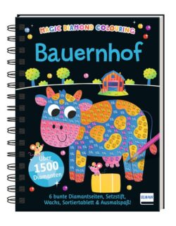 Buntes Malbuch "Bauernhof" mit glitzernden Diamanten, einer fröhlichen Kuh und Zubehör für kreativen Ausmalspaß.