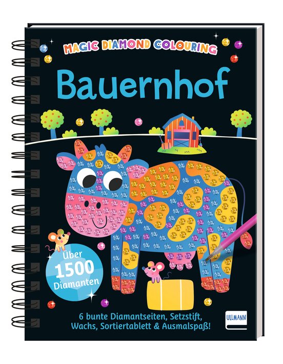 Buntes Malbuch "Bauernhof" mit glitzernden Diamanten, einer fröhlichen Kuh und Zubehör für kreativen Ausmalspaß.