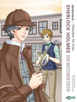 Sherlock Holmes und sein Freund stehen in einer urbanen Umgebung, während sie eine Lupe halten und aufmerksam den Hintergrund betrachten; das Bild stammt aus der Manhwa-Reihe "Sherlock Holmes – Der Meisterdetektiv" für Kinder.