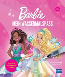 Barbie Mein Wassermalspaß Buchcover mit zwei bunten Barbie-Figuren, die in glitzernden Kleidern und mit Zauberstäben posieren, ideal für Kinder ab 3 Jahren, um mit Wasser zu malen.