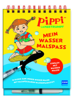 Pippi Langstrumpf Wasser Malbuch mit 16 Bildern zum Ausmalen, inklusive nachfüllbarem Wassertankstift, auf buntem Hintergrund mit fröhlichen Farben und Blasen.