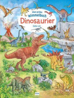 Mein großes Wimmelbuch Dinosaurier von Stefan Lohr zeigt eine farbenfrohe Dinosaurierlandschaft mit verschiedenen Dinosaurierarten, Vulkanen, Pflanzen und einem Wasserlauf, ideal für Kinder, die die Welt der Dinosaurier entdecken möchten.