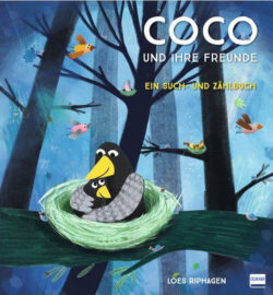 Coco und ihre Freunde, ein buntes Such- und Zählbuch, das eine liebevolle Illustration von Vögeln in einem Nest zeigt, umgeben von weiteren bunten Vögeln und einer märchenhaften Baumlandschaft.