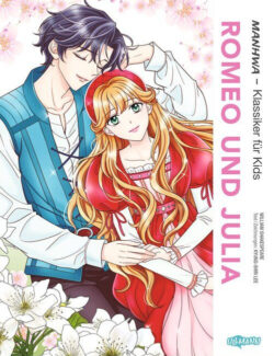Illustration von Romeo und Julia aus der Manhwa-Klassik für Kinder, die die beiden Hauptcharaktere in einer romantischen Pose zeigt, umgeben von blühenden Blumen und mit einem farbenfrohen Cover-Design.