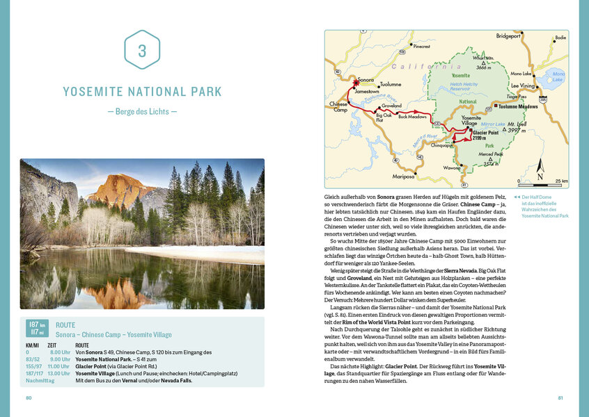 Blick auf den Yosemite National Park mit majestätischen Bergen, einem ruhigen See und umgebenden Wäldern, ideal für Wanderer und Naturliebhaber.
