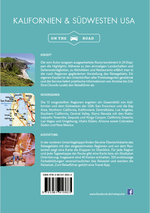 Kalifornien und Südwesten USA Reiseführer mit 24 Etappen, Informationen zu Landschaften, Aktivitäten und Restaurants, Übersichtskarten der Regionen, ISBN 978-3-96141-863-3.