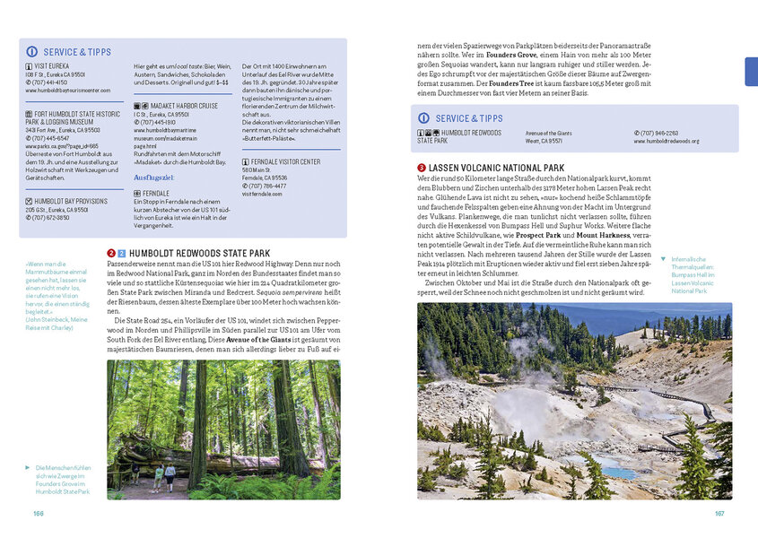 Informationen über Service und Tipps für den Humboldt Redwoods State Park und den Lassen Volcanic National Park, einschließlich Kontaktadressen und Aktivitäten, sowie Hinweise zu den einzigartigen Naturerlebnissen in diesen Parks.
