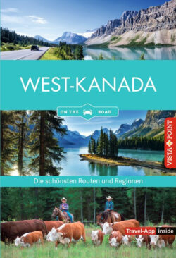 West-Kanada Reiseführer mit atemberaubenden Landschaften, darunter Berge, Seen und grüne Wälder, sowie cowboys mit Rindern, ideal für Abenteuer und Erkundungen in der Natur.