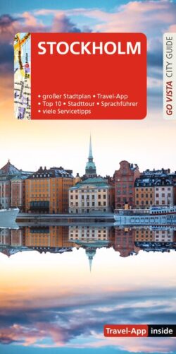 Stockholm Stadtansicht mit reflektierenden Gebäuden und einem Stadtplan auf dem Cover eines Reiseführers.