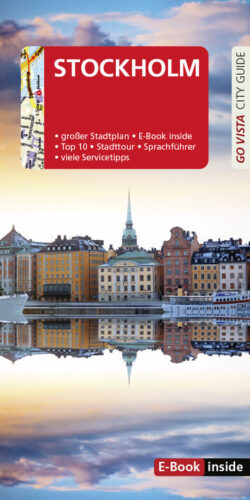 Stockholm Stadtführer mit E-Book, großem Stadtplan, Top 10 Sehenswürdigkeiten, Stadtführung und nützlichen Servicetipps, präsentiert auf einem ansprechenden Cover.