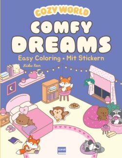 Kreatives Coloring-Buch "Comfy Kitchen" von Kiku Ren mit niedlichen Tieren in einer gemütlichen Küchenszene, ausgestattet mit Kochutensilien, Backwaren und Stickern, ideal für Kinder und kreative Erwachsene.