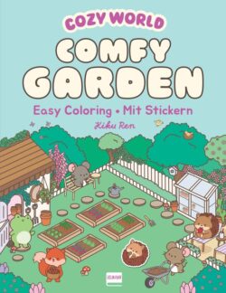 Buntes Cover des Malbuchs "Cozy World: Comfy Pet Café" von Kiku Ren, das eine niedliche Innenszene mit Tieren in einem gemütlichen Café zeigt, inklusive Dekorationen, Tischen, und Tieren, die Getränke und Snacks genießen.