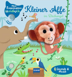 Fingerpuppen-Soundbuch "Kleiner Affe im Dschungel" mit interaktiven Klängen, bunten Illustrationen von Tieren wie Elefant, Krokodil und Vogel, ideal für Kinder zur Förderung der Sprachentwicklung und Kreativität.