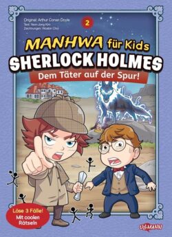 Cover des Kinderbuchs "Manhwa für Kids: Sherlock Holmes – Dem Täter auf der Spur!" mit zwei Comicfiguren, die einen Fall lösen.