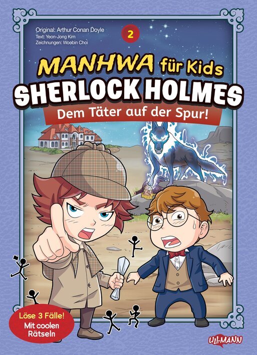 Cover des Kinderbuchs "Manhwa für Kids: Sherlock Holmes – Dem Täter auf der Spur!" mit zwei Comicfiguren, die einen Fall lösen.