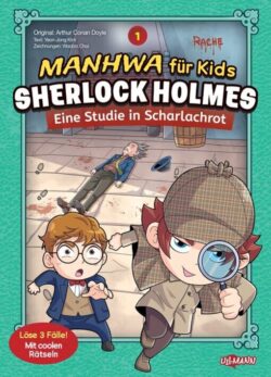 Sherlock Holmes Manhwa für Kids, Cover mit zwei Charakteren, einer mit Lupe, der andere überrascht, und einer liegenden Figur im Hintergrund.