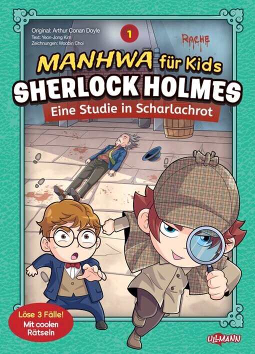 Sherlock Holmes Manhwa für Kids, Cover mit zwei Charakteren, einer mit Lupe, der andere überrascht, und einer liegenden Figur im Hintergrund.
