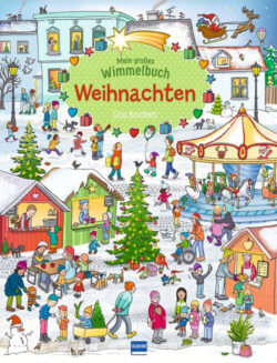 Mein großes Wimmelbuch Weihnachten von Gisa Bartschers zeigt eine lebendige Weihnachtsmarktszene mit festlich geschmückten Ständen, fröhlichen Menschen, einem Karussell und schneebedeckten Tannenbäumen, die die festliche Stimmung der Feiertage einfangen.