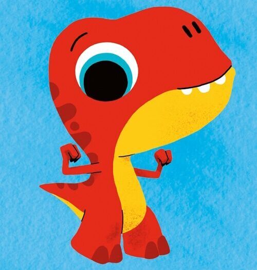 bunter, cartoonartiger roter Dinosaurier mit großen Augen und freundlichem Gesicht auf blauem Hintergrund