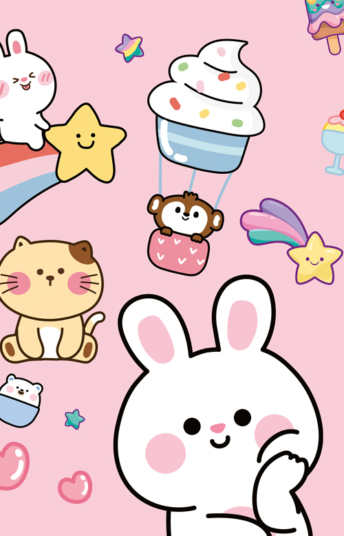 Niedliche cartoonartige Tiere und süße Motive auf pastellrosa Hintergrund, darunter ein Hase, eine Katze und ein Eis in einem Heißluftballon.