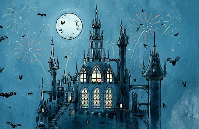 Buntes Märchenschloss unter einem nächtlichen Himmel mit Mond und Feuerwerk, umgeben von fliegenden Fledermäusen.