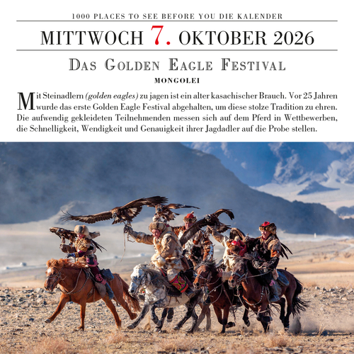 Das Golden Eagle Festival im Mongolei, Teilnehmer in traditioneller Kleidung mit Adlern auf der Jagd, 7. Oktober 2026.