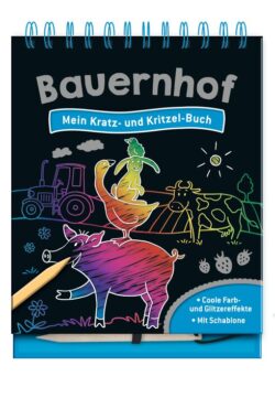 Bauernhof Kratz- und Kritzelbuch mit bunten Tierillustrationen und einem Stift zum Ausmalen.