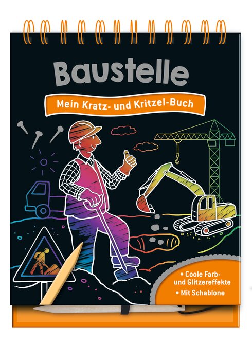 Baustelle Kratz- und Kritzelbuch mit buntem Cover, Bauarbeiter und Maschinenillustrationen.