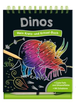 Dinos Mein Kratz- und Kritzel-Buch mit buntem Dinosaurier-Motiv und Stift, ideal für kreative Kinder.