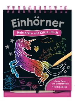 Ein Einhorn auf dem Cover eines Kratz- und Kritzelbuchs mit bunten Farben und einem kreativen Design.