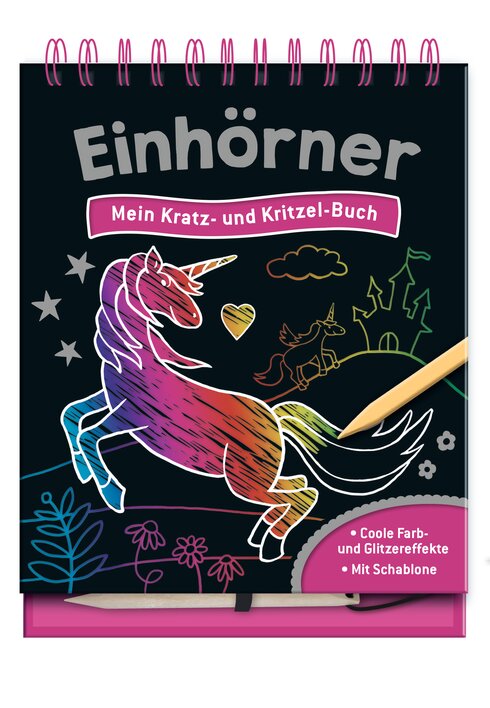 Ein Einhorn auf dem Cover eines Kratz- und Kritzelbuchs mit bunten Farben und einem kreativen Design.