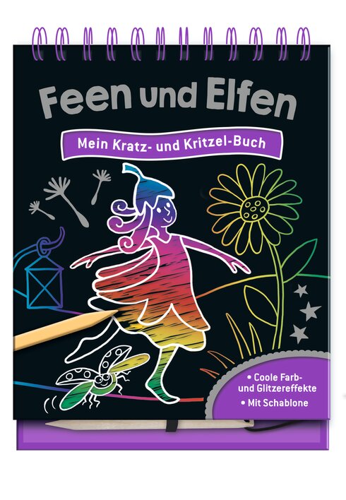 Feen und Elfen Kratz- und Kritzelbuch mit bunten Illustrationen und Schablonen für kreative Kinder.