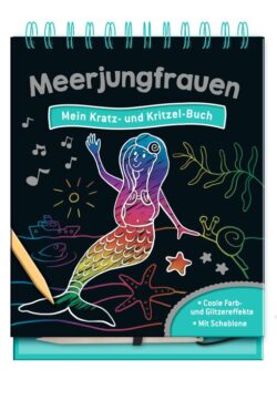 Buchcover eines Kratz- und Kritzelbuchs mit Meerjungfrauenmotiven und bunten Glitzereffekten.