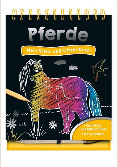 Pferde Kratz- und Kritzelbuch mit bunten Illustrationen und Schablonen für kreative Kinder.