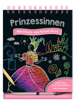 Prinzessinnen Kratz- und Kritzelbuch mit bunten Illustrationen und Schablonen für kreative Kinder.