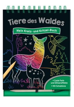 Tiere des Waldes Kratz- und Kritzelbuch mit bunten Farb- und Glitzereffekten sowie Schablonen.