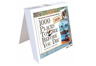 Buchcover "1000 Places To See Before You Die" von Patricia Schultz, 2026, mit Reisefotos und Landkarten.