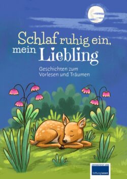 Schlafendes Rehkitz in einer bunten, traumhaften Landschaft mit Blumen und Mond, Cover eines Vorlesebuchs für Kinder.