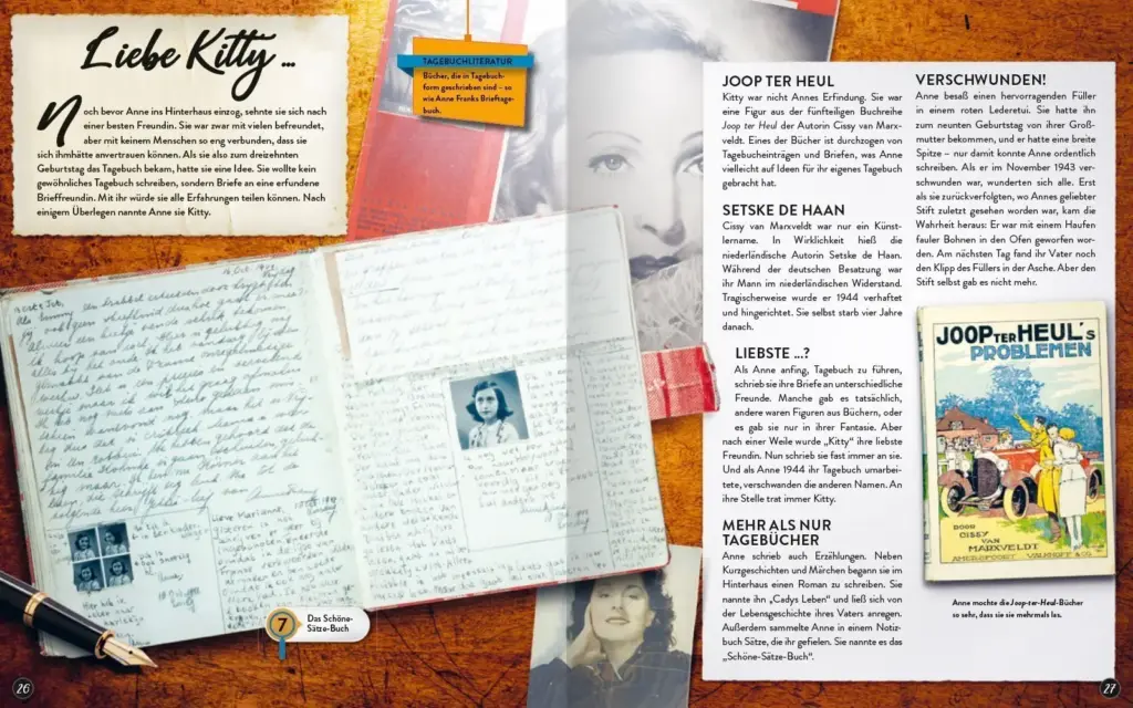 Ein offenes Tagebuch mit handgeschriebenen Einträgen, Fotos und Notizen über Anne Frank und ihre Freundinnen, umgeben von verschiedenen Erinnerungsstücken und einem Stift.