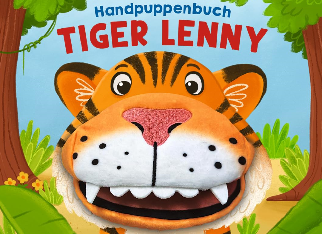 Handpuppenbuch mit dem Tiger Lenny, fröhliches Design in einer bunten Dschungelumgebung.