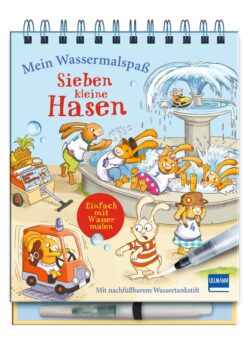 Buchcover "Mein Wassermalspaß: Sieben kleine Hasen" mit bunten Illustrationen von Hasen, die am Brunnen spielen, und einem Wasserstift.
