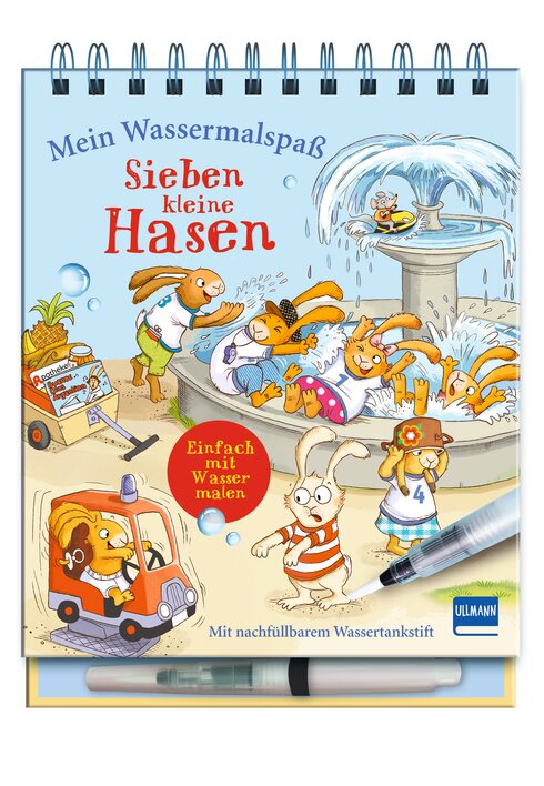 Buchcover "Mein Wassermalspaß: Sieben kleine Hasen" mit bunten Illustrationen von Hasen, die am Brunnen spielen, und einem Wasserstift.