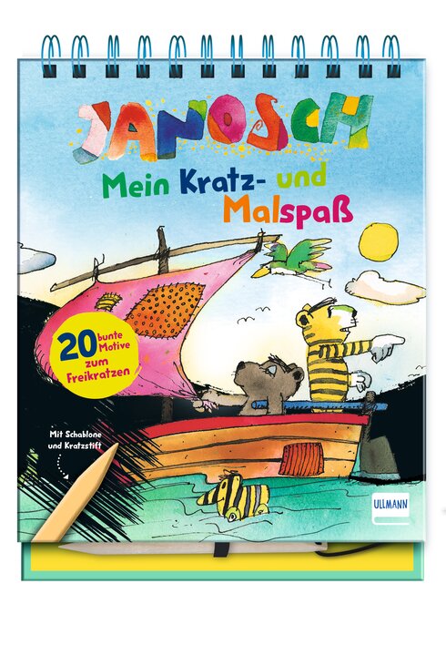 Buchcover von "Janosch: Mein Kratz- und Malspaß" mit bunten Illustrationen, einem Schiff und Tieren, die malen.