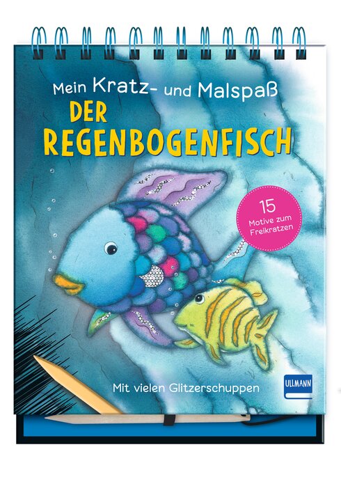 Mein Kratz- und Malspaß Buchcover "Der Regenbogenfisch" mit bunten Illustrationen und Glitzerschuppen.