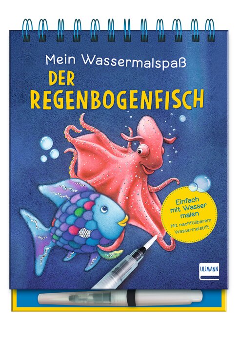 Mein Wassermalbuch "Der Regenbogenfisch" mit bunten Meeresbewohnern und Wasserstift.