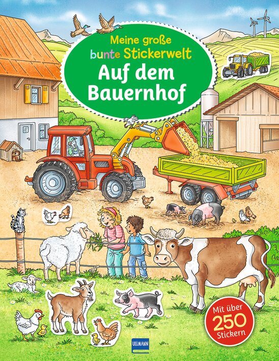 Illustration eines bunten Bauernhofs mit einem Traktor, Kindern, Tieren und über 250 Stickern, ideal für Kinder und kreative Aktivitäten.