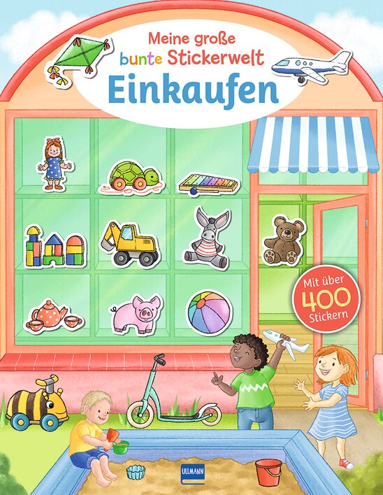 Buntes Cover eines Stickerbuchs mit Kindern, die im Sandkasten spielen, und einer Auswahl an bunten Stickern im Fenster.